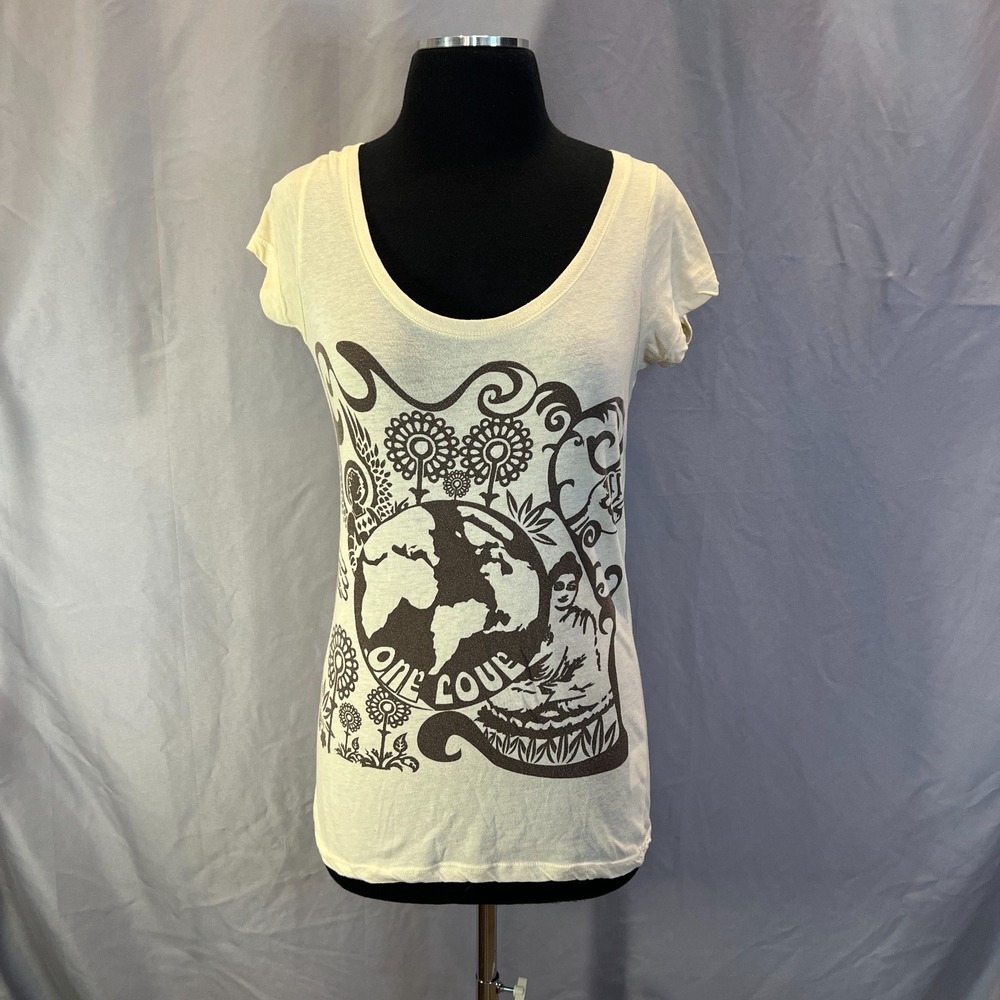 Threads 4 Thought T Shirt Womens Large Light Yellow One Love Graphic Cap Sleeve